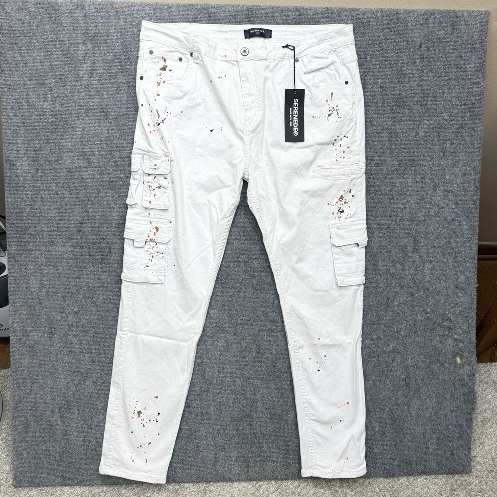 Serenede skinny jeans paint splatter cargo pants men's size 44 44x34 white